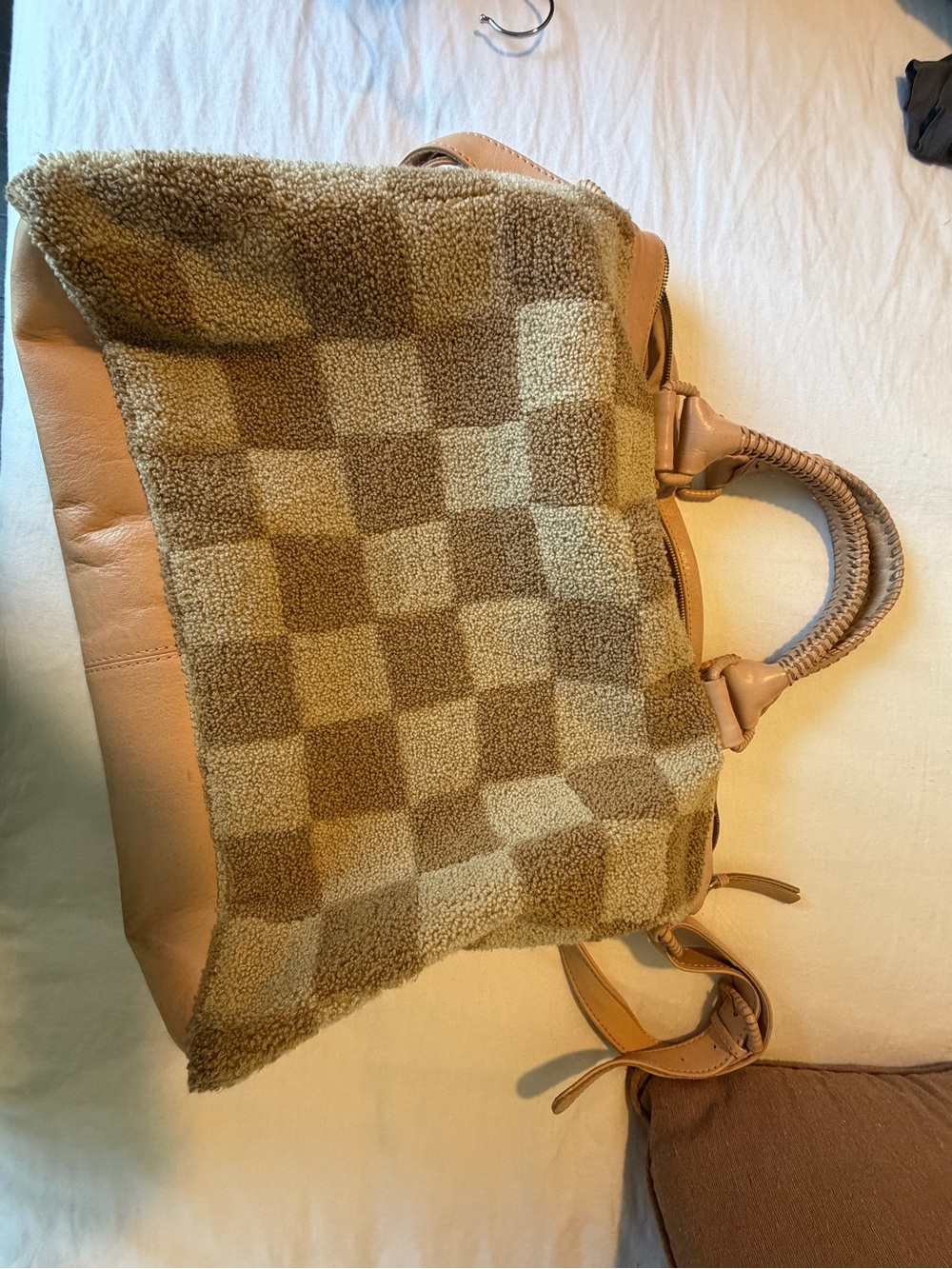 Cleobella Checker Shearling Tote in Tan and Cream